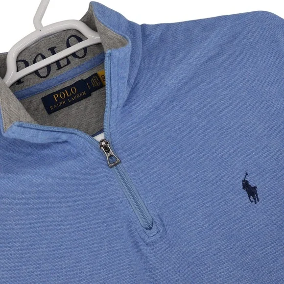 Polo Ralph Lauren Mens Blue Cotton Pique Quarter Zip Pullover Sweater Large LG - Picture 2 of 10